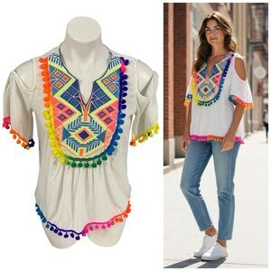 Kate C Top Womens Small Boho Embroidered Cold Shoulder Pom Pom Tassel Resort